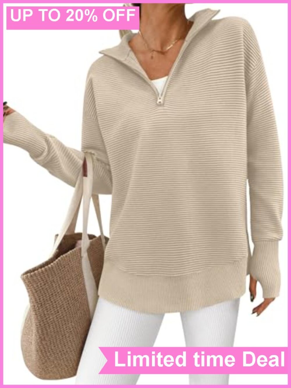 Womens Ribbed Knit Quarter Zip Pullover Sweater Long Sleeve Thumbhole